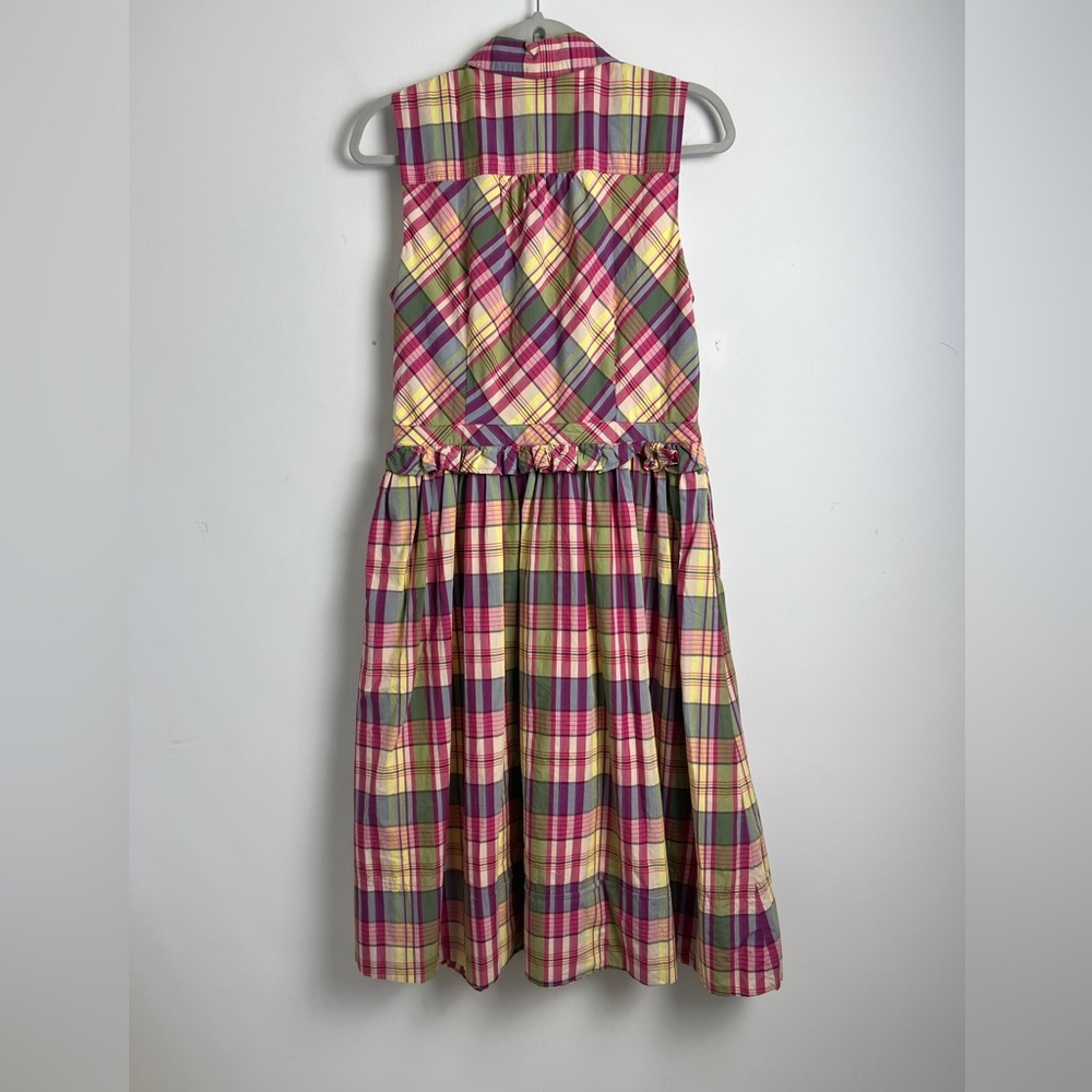 J. Crew Women's 8 Pink & Green Plaid Ruffle Waist Pockets Midi Dress - Picture 5 of 13